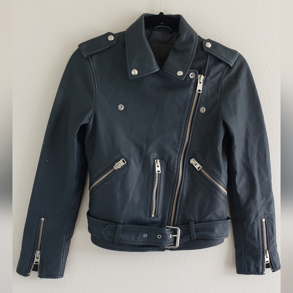 All Saints Leather Jacket Biker Rocker Motto sz 2